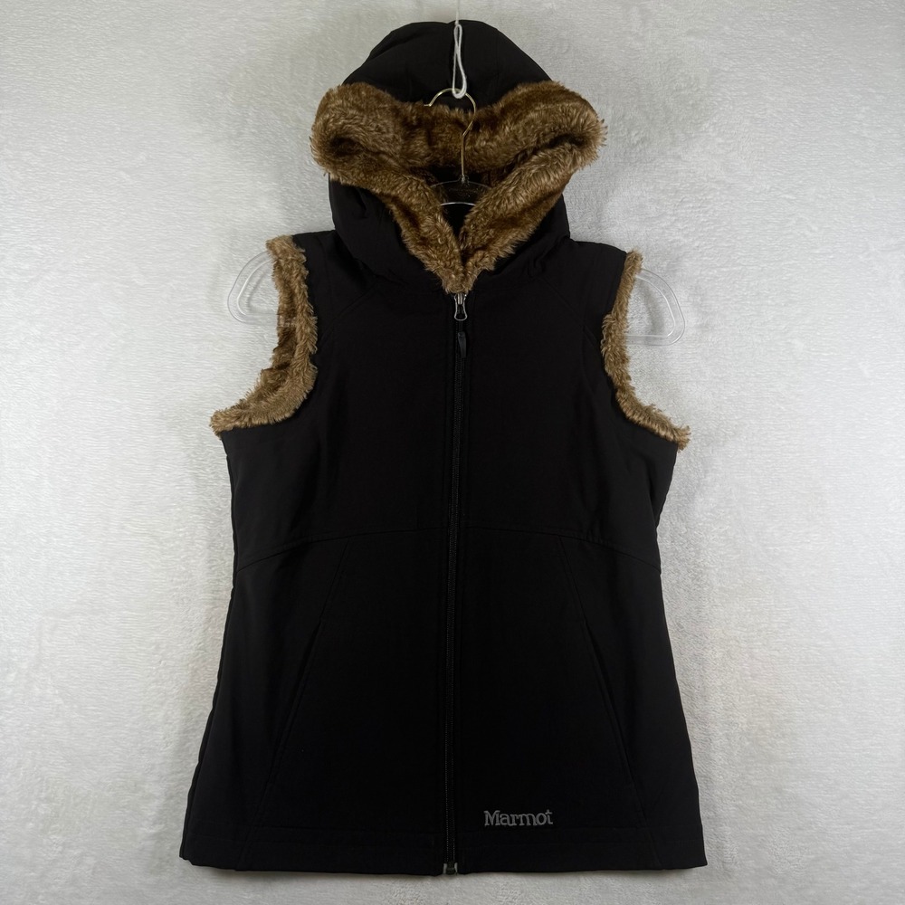 Marmot Womens Black Hooded Softshell Vest Faux Fur Trim Fleece Lined Small